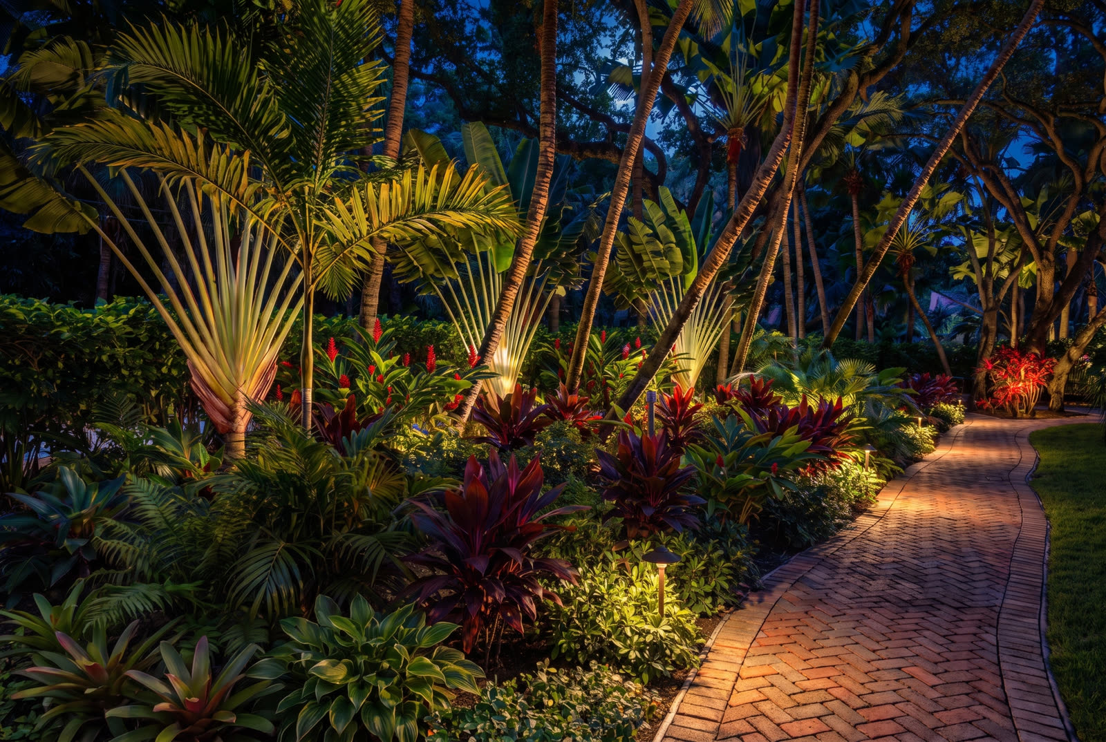 Cinematic AI render of a night-lit tropical garden path with landscape lighting