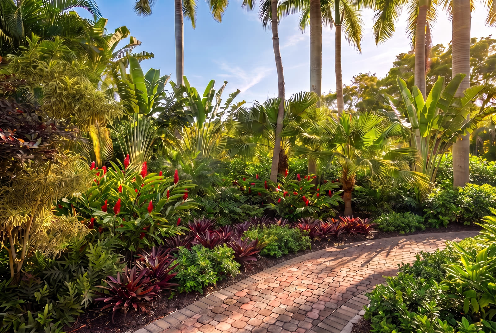 Cinematic AI render of a bright tropical garden walkway under blue sky