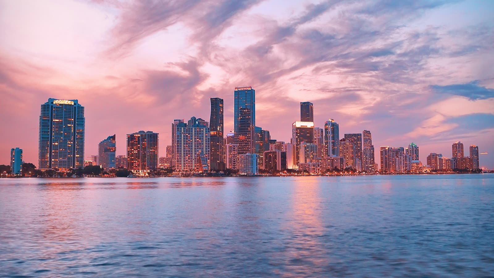 Miami's Brickell skyline at sunset photographed from Biscayne Bay